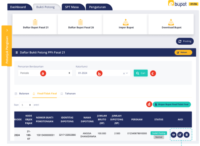 tampilan daftar bukti potong dalam aplikasi e-bupot 21/26